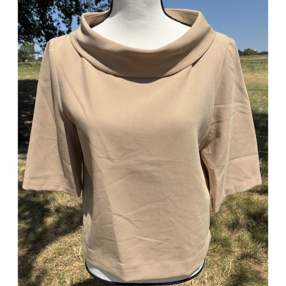 Vintage Trina Turk Tan Low Cowl Neck Top Small Shirt Stretch Womens Business